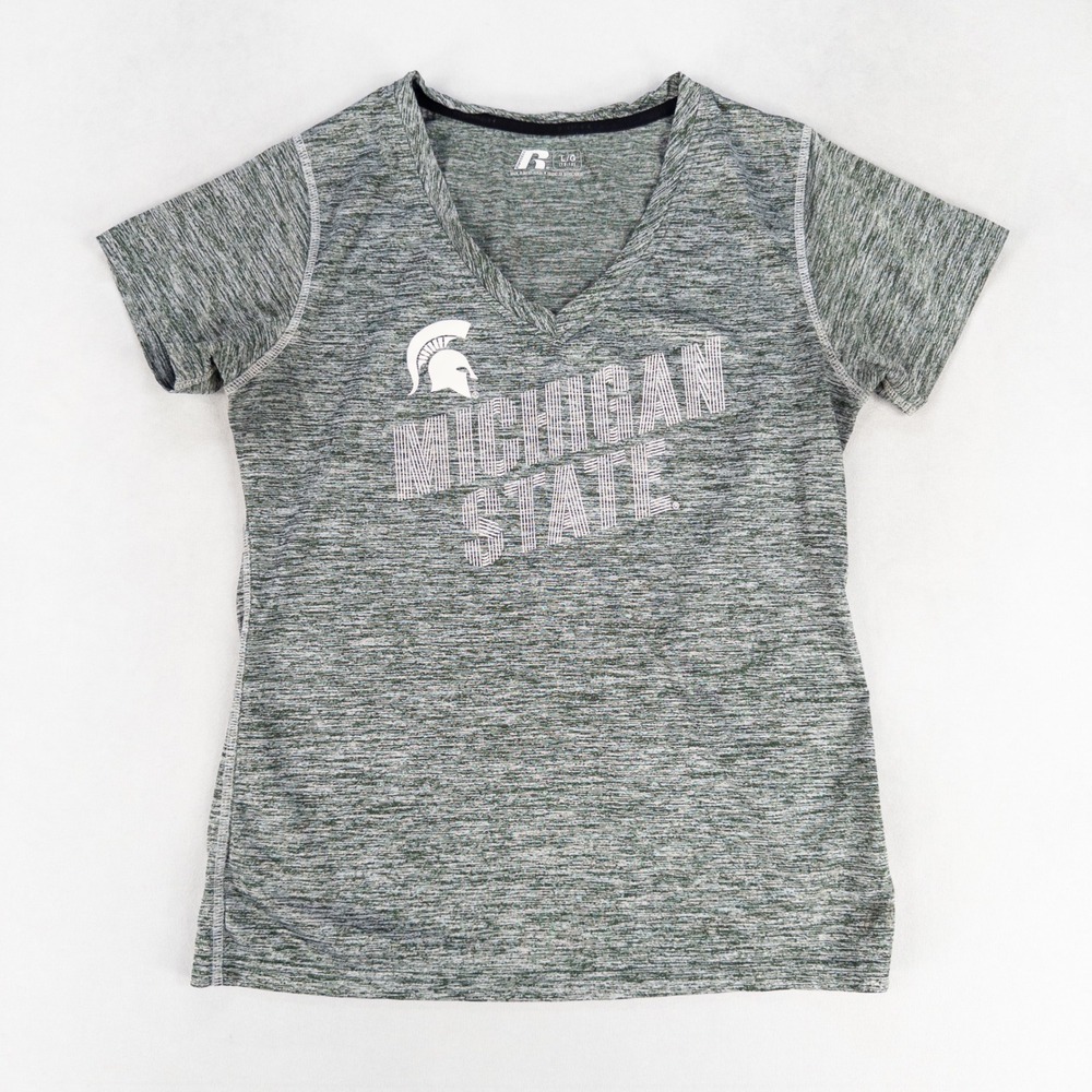 Russell Boys Michigan State Spartans Shirt L 12-14 Green Space Dye V-Neck Tee